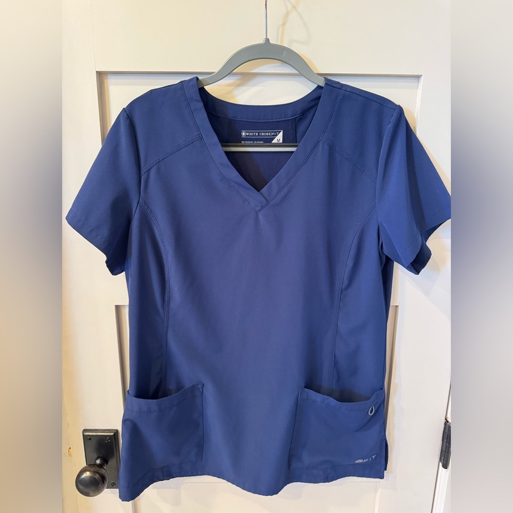 White Cross Navy V-Neck Scrub Top